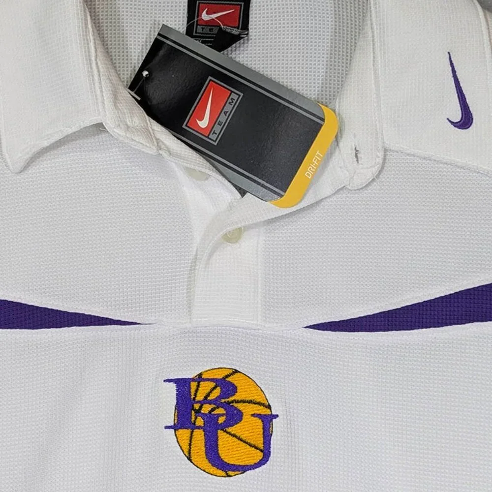 NEW Nike Dri-Fit White Polo Golf Shirt Mens‎ Medium Basketball Logo Purple BU